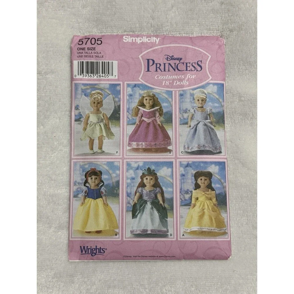 Simplicity Disney Princess 5705 Sewing Pattern Costumes 18 inch doll dress
